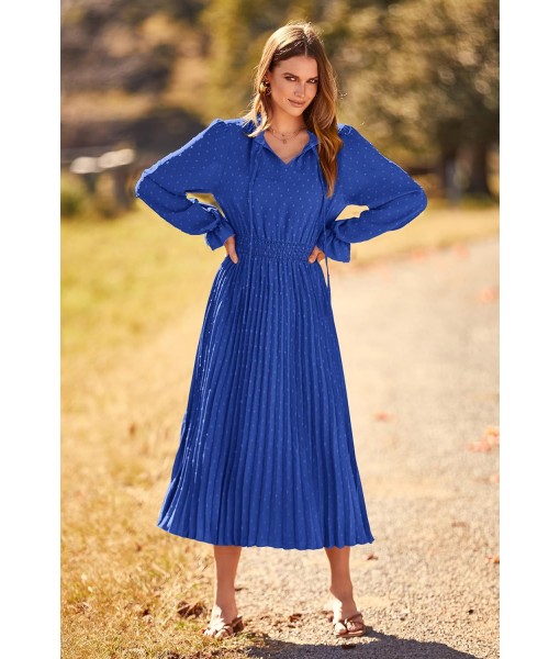 PRETTYGARDEN Women's 2025 Spring Fall Midi Dress Casual Long Sleeve V Neck Swiss Dot Pleated A Line Flowy Dresses