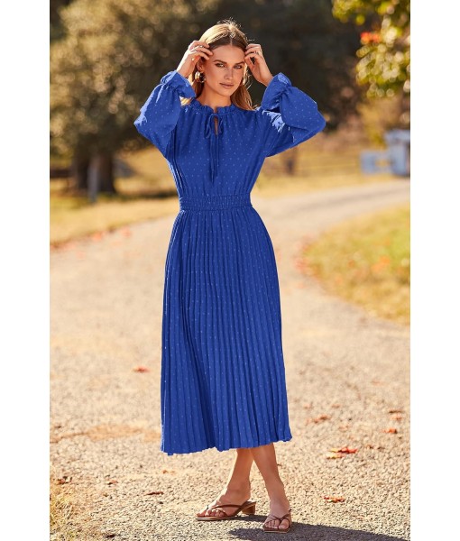 PRETTYGARDEN Women's 2025 Spring Fall Midi Dress Casual Long Sleeve V Neck Swiss Dot Pleated A Line Flowy Dresses