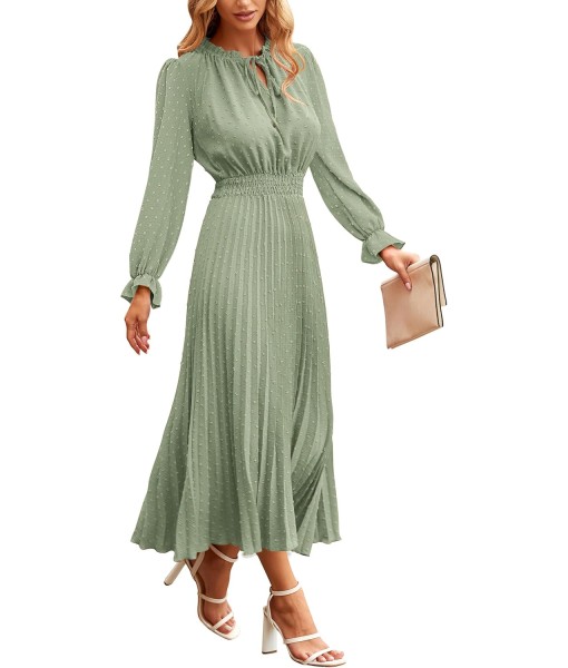 PRETTYGARDEN Women's 2025 Spring Fall Midi Dress Casual Long Sleeve V Neck Swiss Dot Pleated A Line Flowy Dresses