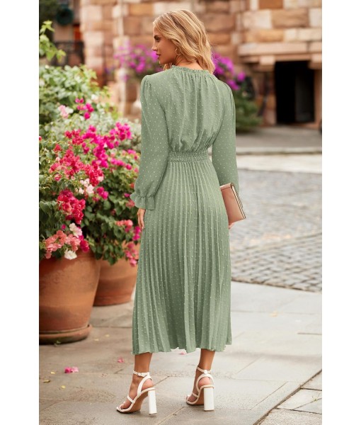PRETTYGARDEN Women's 2025 Spring Fall Midi Dress Casual Long Sleeve V Neck Swiss Dot Pleated A Line Flowy Dresses