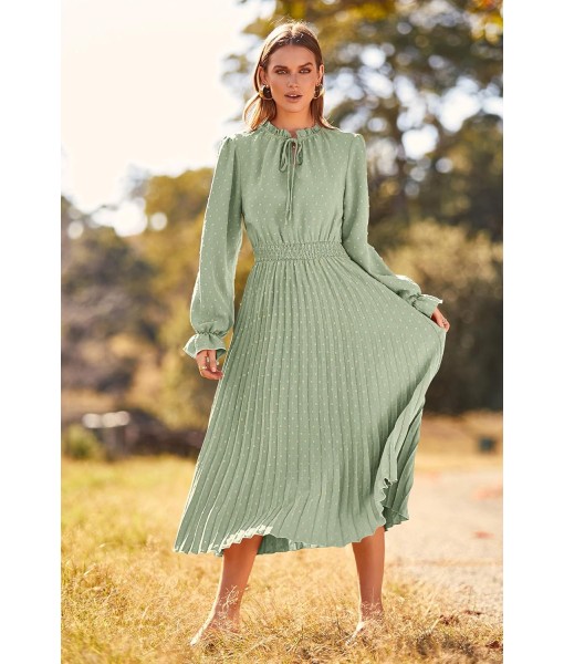PRETTYGARDEN Women's 2025 Spring Fall Midi Dress Casual Long Sleeve V Neck Swiss Dot Pleated A Line Flowy Dresses