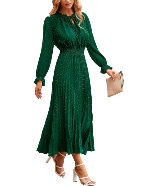 PRETTYGARDEN Women's 2025 Spring Fall Midi Dress Casual Long Sleeve V Neck Swiss Dot Pleated A Line Flowy Dresses