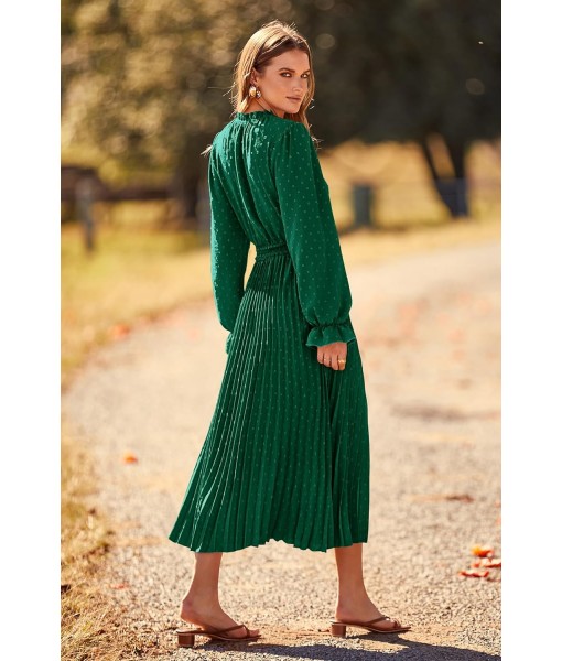 PRETTYGARDEN Women's 2025 Spring Fall Midi Dress Casual Long Sleeve V Neck Swiss Dot Pleated A Line Flowy Dresses