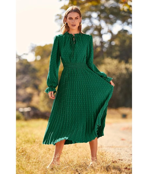 PRETTYGARDEN Women's 2025 Spring Fall Midi Dress Casual Long Sleeve V Neck Swiss Dot Pleated A Line Flowy Dresses