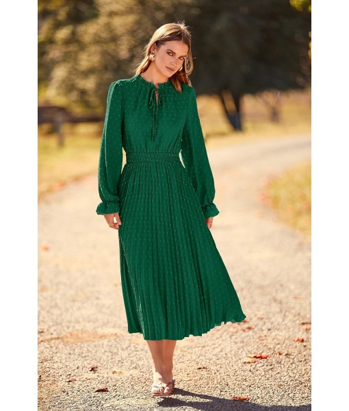 PRETTYGARDEN Women's 2025 Spring Fall Midi Dress Casual Long Sleeve V Neck Swiss Dot Pleated A Line Flowy Dresses
