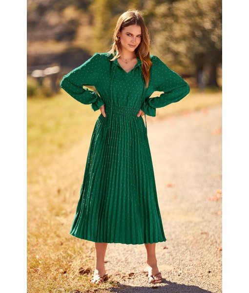 PRETTYGARDEN Women's 2025 Spring Fall Midi Dress Casual Long Sleeve V Neck Swiss Dot Pleated A Line Flowy Dresses