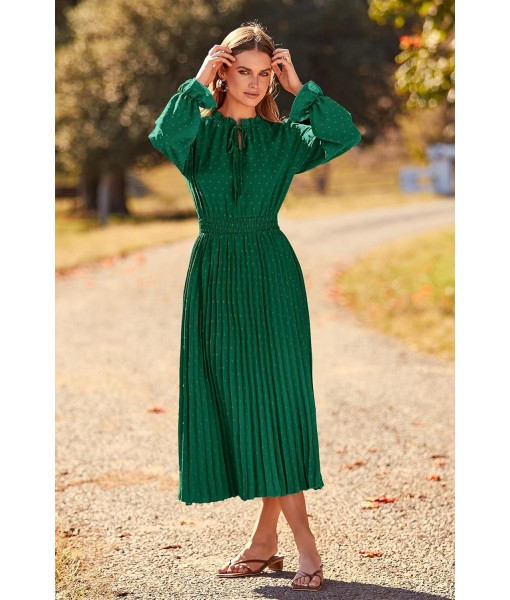 PRETTYGARDEN Women's 2025 Spring Fall Midi Dress Casual Long Sleeve V Neck Swiss Dot Pleated A Line Flowy Dresses