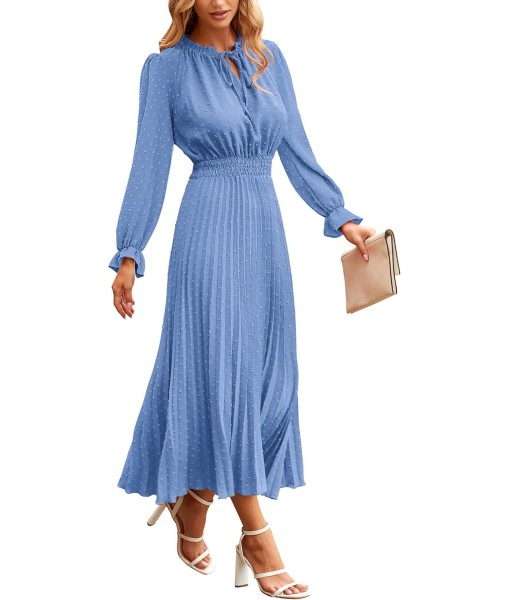 PRETTYGARDEN Women's 2025 Spring Fall Midi Dress Casual Long Sleeve V Neck Swiss Dot Pleated A Line Flowy Dresses