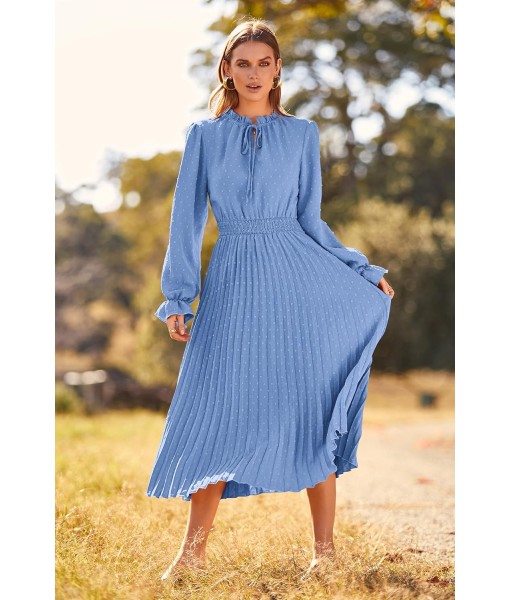 PRETTYGARDEN Women's 2025 Spring Fall Midi Dress Casual Long Sleeve V Neck Swiss Dot Pleated A Line Flowy Dresses