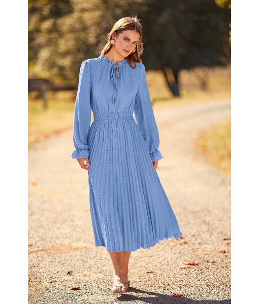 PRETTYGARDEN Women's 2025 Spring Fall Midi Dress Casual Long Sleeve V Neck Swiss Dot Pleated A Line Flowy Dresses