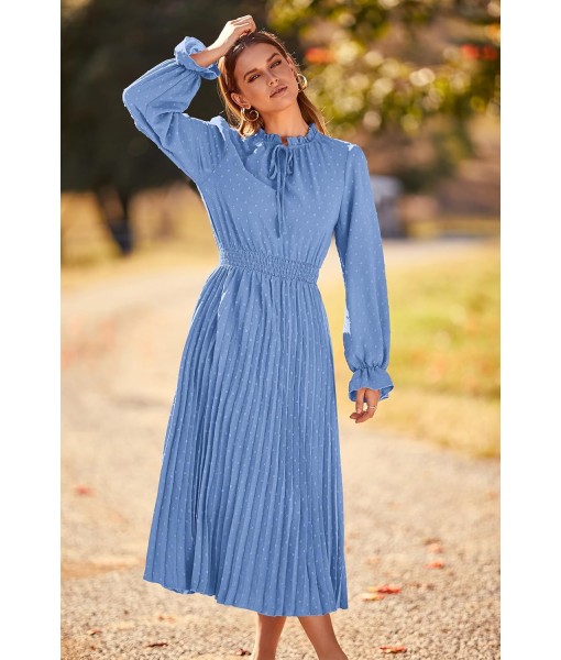 PRETTYGARDEN Women's 2025 Spring Fall Midi Dress Casual Long Sleeve V Neck Swiss Dot Pleated A Line Flowy Dresses