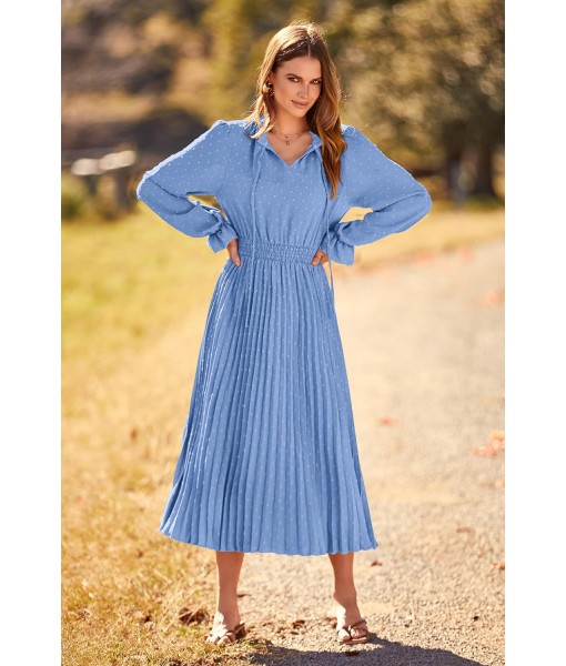 PRETTYGARDEN Women's 2025 Spring Fall Midi Dress Casual Long Sleeve V Neck Swiss Dot Pleated A Line Flowy Dresses