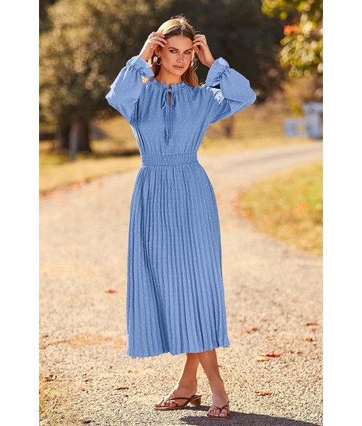 PRETTYGARDEN Women's 2025 Spring Fall Midi Dress Casual Long Sleeve V Neck Swiss Dot Pleated A Line Flowy Dresses