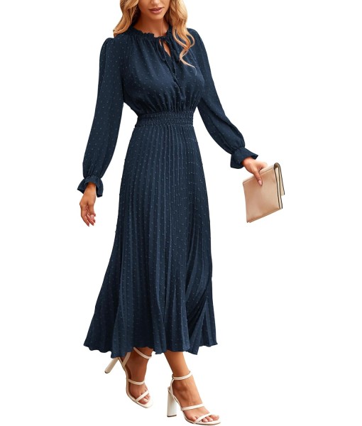 PRETTYGARDEN Women's 2025 Spring Fall Midi Dress Casual Long Sleeve V Neck Swiss Dot Pleated A Line Flowy Dresses