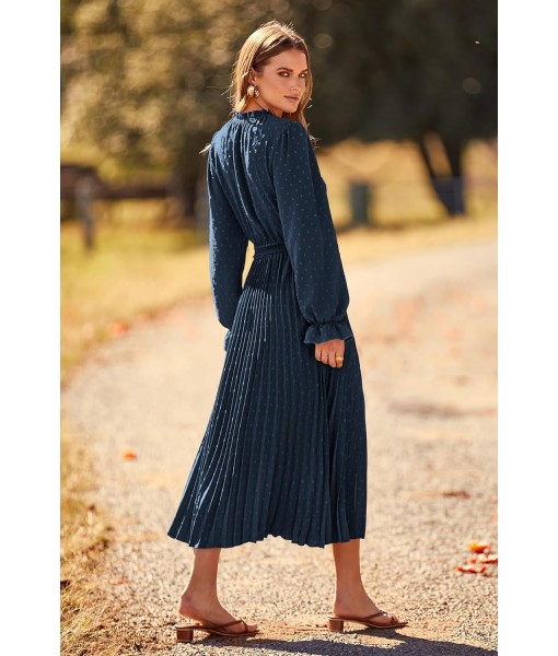 PRETTYGARDEN Women's 2025 Spring Fall Midi Dress Casual Long Sleeve V Neck Swiss Dot Pleated A Line Flowy Dresses