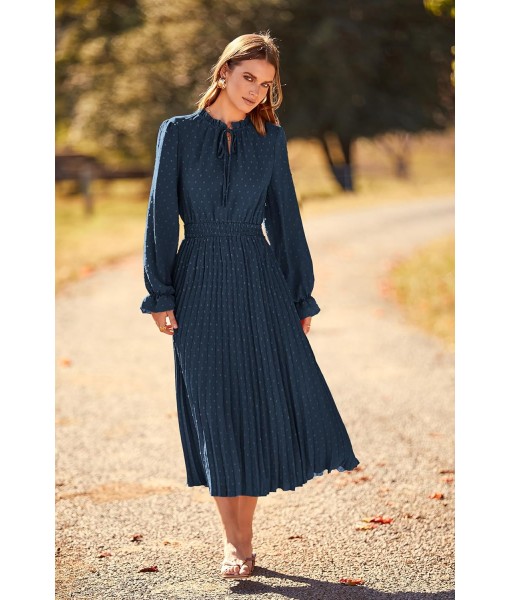 PRETTYGARDEN Women's 2025 Spring Fall Midi Dress Casual Long Sleeve V Neck Swiss Dot Pleated A Line Flowy Dresses