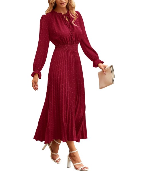 PRETTYGARDEN Women's 2025 Spring Fall Midi Dress Casual Long Sleeve V Neck Swiss Dot Pleated A Line Flowy Dresses