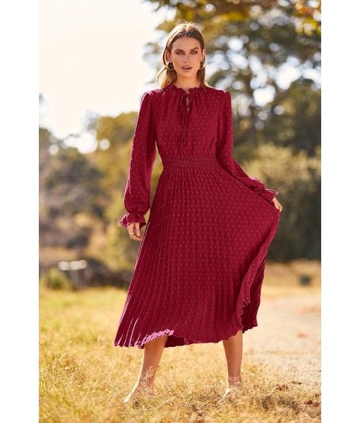 PRETTYGARDEN Women's 2025 Spring Fall Midi Dress Casual Long Sleeve V Neck Swiss Dot Pleated A Line Flowy Dresses