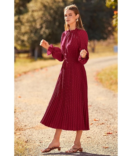 PRETTYGARDEN Women's 2025 Spring Fall Midi Dress Casual Long Sleeve V Neck Swiss Dot Pleated A Line Flowy Dresses
