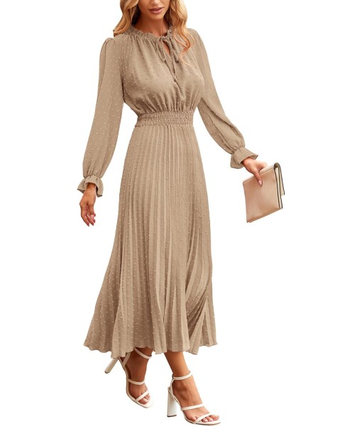 PRETTYGARDEN Women's 2025 Spring Fall Midi Dress Casual Long Sleeve V Neck Swiss Dot Pleated A Line Flowy Dresses