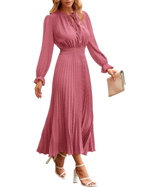PRETTYGARDEN Women's 2025 Spring Fall Midi Dress Casual Long Sleeve V Neck Swiss Dot Pleated A Line Flowy Dresses