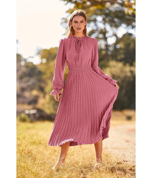 PRETTYGARDEN Women's 2025 Spring Fall Midi Dress Casual Long Sleeve V Neck Swiss Dot Pleated A Line Flowy Dresses