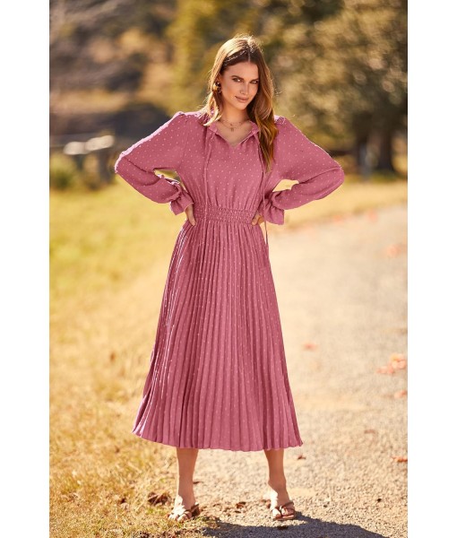 PRETTYGARDEN Women's 2025 Spring Fall Midi Dress Casual Long Sleeve V Neck Swiss Dot Pleated A Line Flowy Dresses