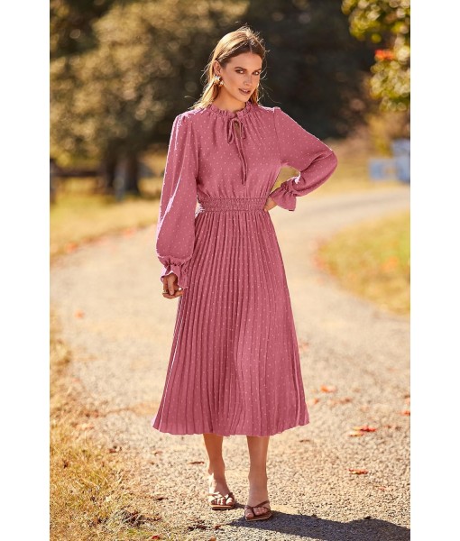 PRETTYGARDEN Women's 2025 Spring Fall Midi Dress Casual Long Sleeve V Neck Swiss Dot Pleated A Line Flowy Dresses