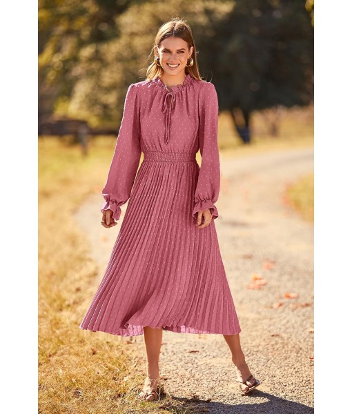 PRETTYGARDEN Women's 2025 Spring Fall Midi Dress Casual Long Sleeve V Neck Swiss Dot Pleated A Line Flowy Dresses