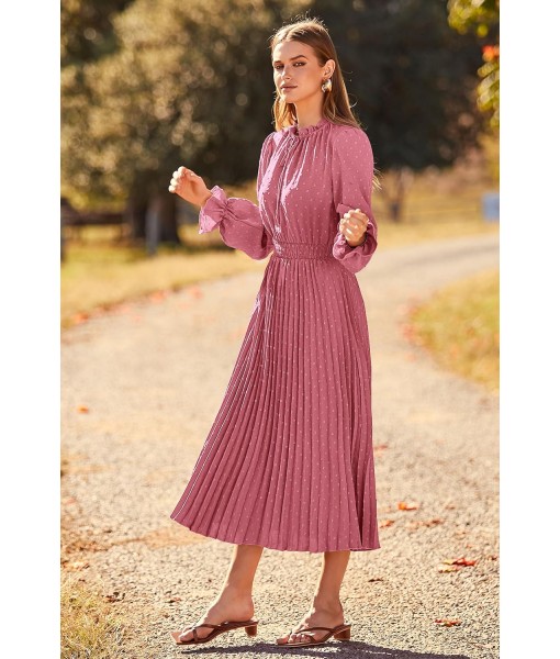 PRETTYGARDEN Women's 2025 Spring Fall Midi Dress Casual Long Sleeve V Neck Swiss Dot Pleated A Line Flowy Dresses