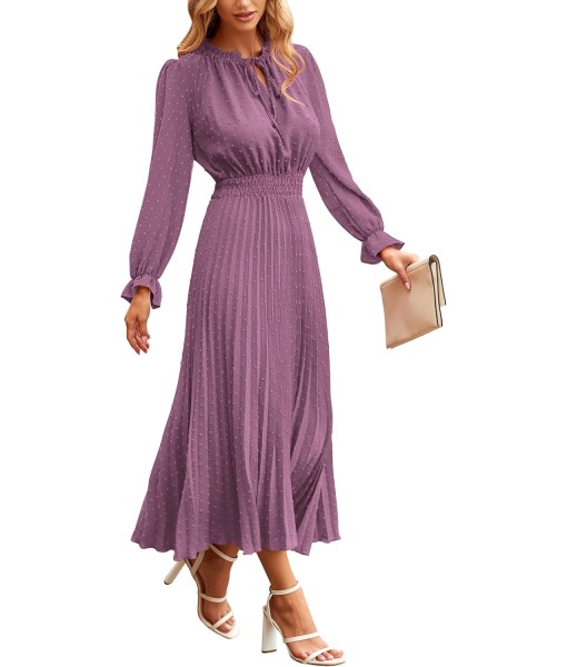 PRETTYGARDEN Women's 2025 Spring Fall Midi Dress Casual Long Sleeve V Neck Swiss Dot Pleated A Line Flowy Dresses