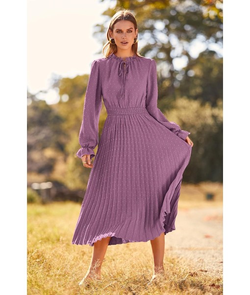 PRETTYGARDEN Women's 2025 Spring Fall Midi Dress Casual Long Sleeve V Neck Swiss Dot Pleated A Line Flowy Dresses