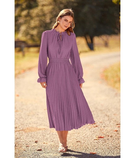 PRETTYGARDEN Women's 2025 Spring Fall Midi Dress Casual Long Sleeve V Neck Swiss Dot Pleated A Line Flowy Dresses