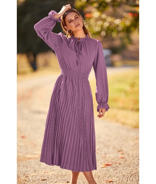 PRETTYGARDEN Women's 2025 Spring Fall Midi Dress Casual Long Sleeve V Neck Swiss Dot Pleated A Line Flowy Dresses