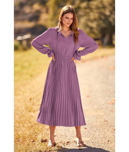 PRETTYGARDEN Women's 2025 Spring Fall Midi Dress Casual Long Sleeve V Neck Swiss Dot Pleated A Line Flowy Dresses