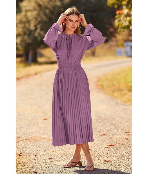 PRETTYGARDEN Women's 2025 Spring Fall Midi Dress Casual Long Sleeve V Neck Swiss Dot Pleated A Line Flowy Dresses