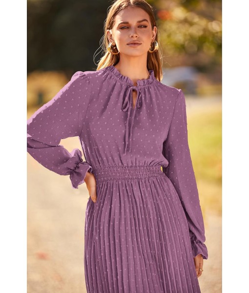 PRETTYGARDEN Women's 2025 Spring Fall Midi Dress Casual Long Sleeve V Neck Swiss Dot Pleated A Line Flowy Dresses