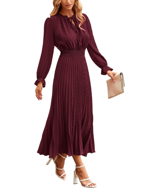 PRETTYGARDEN Women's 2025 Spring Fall Midi Dress Casual Long Sleeve V Neck Swiss Dot Pleated A Line Flowy Dresses