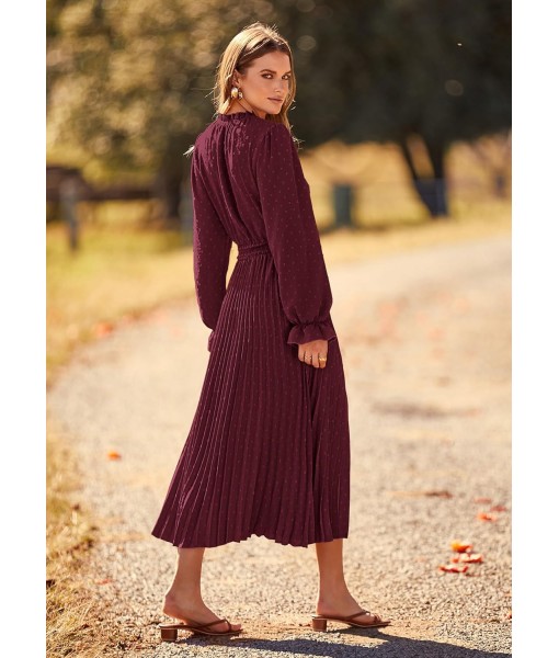 PRETTYGARDEN Women's 2025 Spring Fall Midi Dress Casual Long Sleeve V Neck Swiss Dot Pleated A Line Flowy Dresses