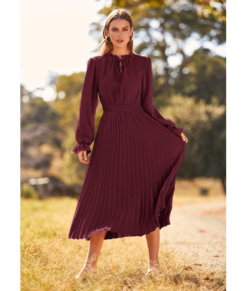 PRETTYGARDEN Women's 2025 Spring Fall Midi Dress Casual Long Sleeve V Neck Swiss Dot Pleated A Line Flowy Dresses