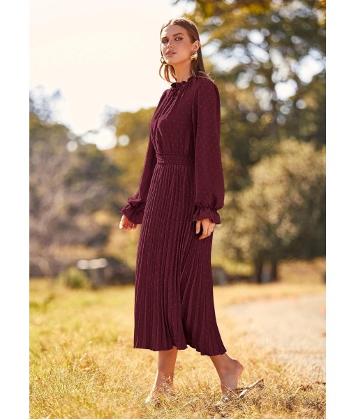 PRETTYGARDEN Women's 2025 Spring Fall Midi Dress Casual Long Sleeve V Neck Swiss Dot Pleated A Line Flowy Dresses