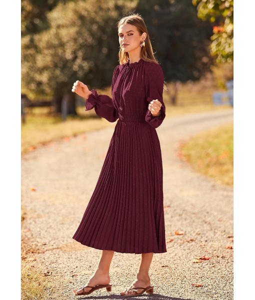 PRETTYGARDEN Women's 2025 Spring Fall Midi Dress Casual Long Sleeve V Neck Swiss Dot Pleated A Line Flowy Dresses