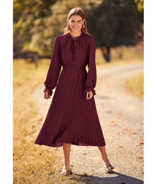 PRETTYGARDEN Women's 2025 Spring Fall Midi Dress Casual Long Sleeve V Neck Swiss Dot Pleated A Line Flowy Dresses