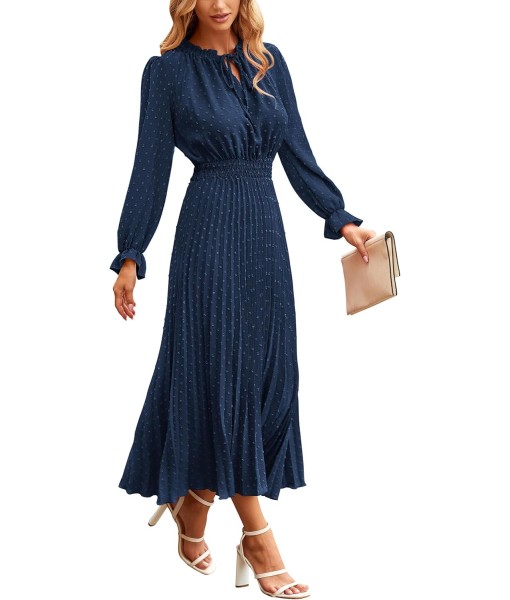 PRETTYGARDEN Women's 2025 Spring Fall Midi Dress Casual Long Sleeve V Neck Swiss Dot Pleated A Line Flowy Dresses