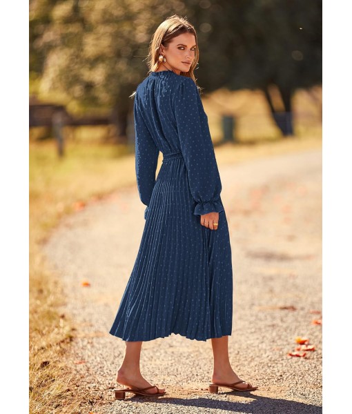 PRETTYGARDEN Women's 2025 Spring Fall Midi Dress Casual Long Sleeve V Neck Swiss Dot Pleated A Line Flowy Dresses