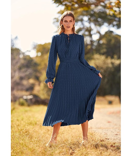 PRETTYGARDEN Women's 2025 Spring Fall Midi Dress Casual Long Sleeve V Neck Swiss Dot Pleated A Line Flowy Dresses