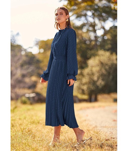 PRETTYGARDEN Women's 2025 Spring Fall Midi Dress Casual Long Sleeve V Neck Swiss Dot Pleated A Line Flowy Dresses