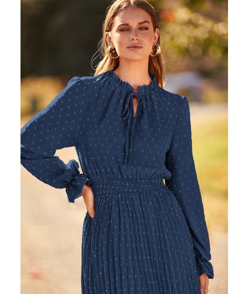 PRETTYGARDEN Women's 2025 Spring Fall Midi Dress Casual Long Sleeve V Neck Swiss Dot Pleated A Line Flowy Dresses