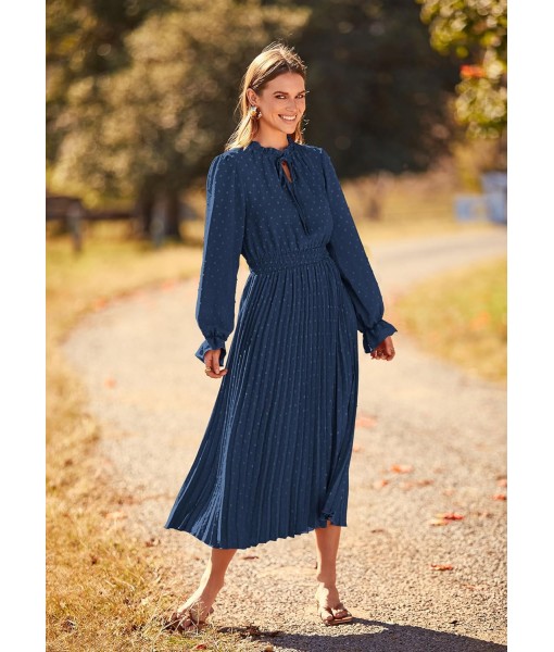 PRETTYGARDEN Women's 2025 Spring Fall Midi Dress Casual Long Sleeve V Neck Swiss Dot Pleated A Line Flowy Dresses