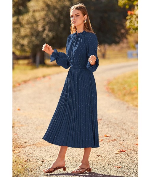 PRETTYGARDEN Women's 2025 Spring Fall Midi Dress Casual Long Sleeve V Neck Swiss Dot Pleated A Line Flowy Dresses
